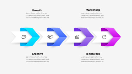 Modern infographic design with arrows representing growth, creative teamwork, and marketing strategies. Essential for business or educational presentations, detailing successful development steps