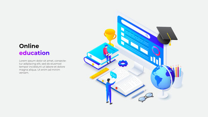 Isometric illustration depicting education through digital platforms with elements like books, a globe, and a computer monitor, symbolizing accessibility and advanced learning in the digital era