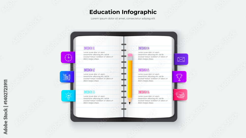 Poster detailed infographic design showcasing a notebook layout with colorful icons and education concepts,