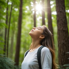 Woman Breathing Fresh Air in Forest
