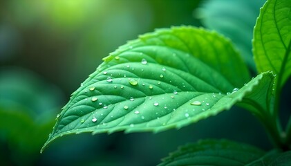 Artistic macro shot of dew on neon-green jungle leaves with soft-focus effect