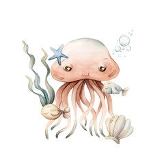 Cute Jellyfish with fishes sea shell star seaweeds water bubbles. Marine ocean animal. Watercolor isolated illustration