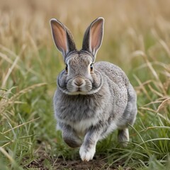 Obraz premium Grey Rabbit Running Through Grass
