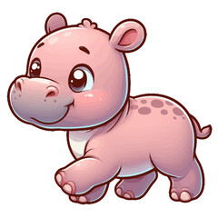 Naklejka premium Charming cartoon illustration of a cute baby hippopotamus with big, adorable eyes, a round body, and a gentle smile, taking a step. Represents adorable animals, African wildlife, and children's themes