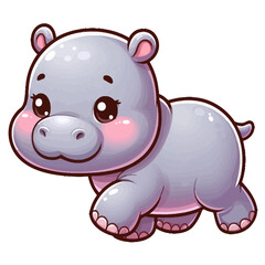Obraz premium Charming cartoon illustration of a cute baby hippopotamus with big, adorable eyes, a round body, and a gentle smile, taking a step. Represents adorable animals, African wildlife, and children's themes