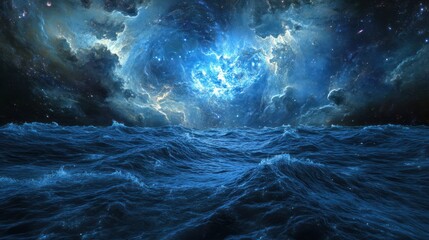 A celestial ocean landscape featuring stars and rolling water waves
