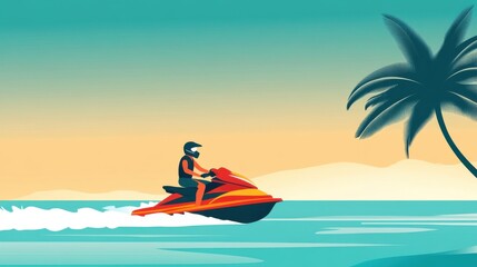 Vibrant Jet Ski Adventure Along Serene Tropical Coastline at Sunset