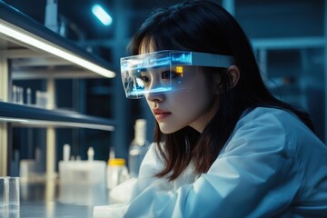 A female scientist in a lab uses futuristic augmented reality glasses to analyze data.