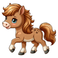 Charming cartoon illustration of a cute pony with big, adorable blue eyes, a flowing brown and pink mane and tail, and a gentle expression, taking a step. Represents adorable animals, fantasy creature