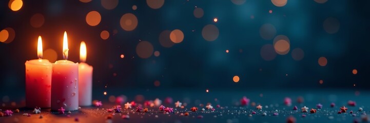 Vertical birthday wishes on dark background with candles and stars, birthday cake, festive, happy