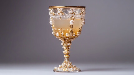 A vintage crystal goblet with golden soft drink and pearl embellishments