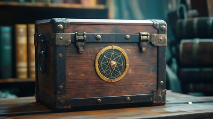 vintage treasure chest featuring a science emblem representing the secrets of discovery knowledge and research in a symbolic and mysterious educational concept
