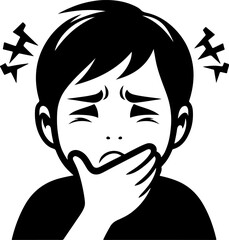 vector sketch illustration silhouette design of a little boy in pain because of a toothache while holding his cheek  