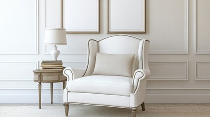Elegant White Leather Wingback Chair in a Luxurious Room with Empty Picture Frames