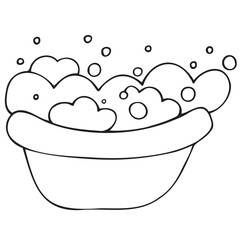 small baby bathtub for bathing babies with bath foam and bubbles, cute children s black and white vector coloring, line art, outline
