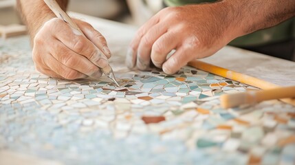 Craftsman creates intricate mosaic art with focus on detail and precision at a workshop in the afternoon light