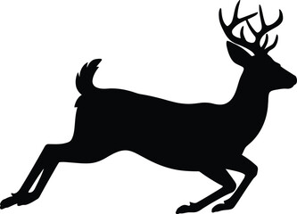 Leaping Deer Silhouette with Antlers, Black Vector Icon Isolated