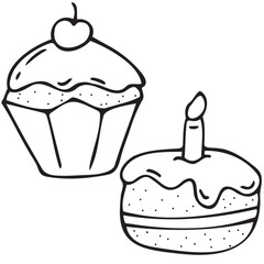 delicious sweet holiday cupcakes and cakes, children s party, cute children s black and white vector coloring, line art, outline