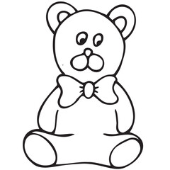 children s little teddy bear with a bow, children s toy, cute children s black and white vector coloring, line art, outline