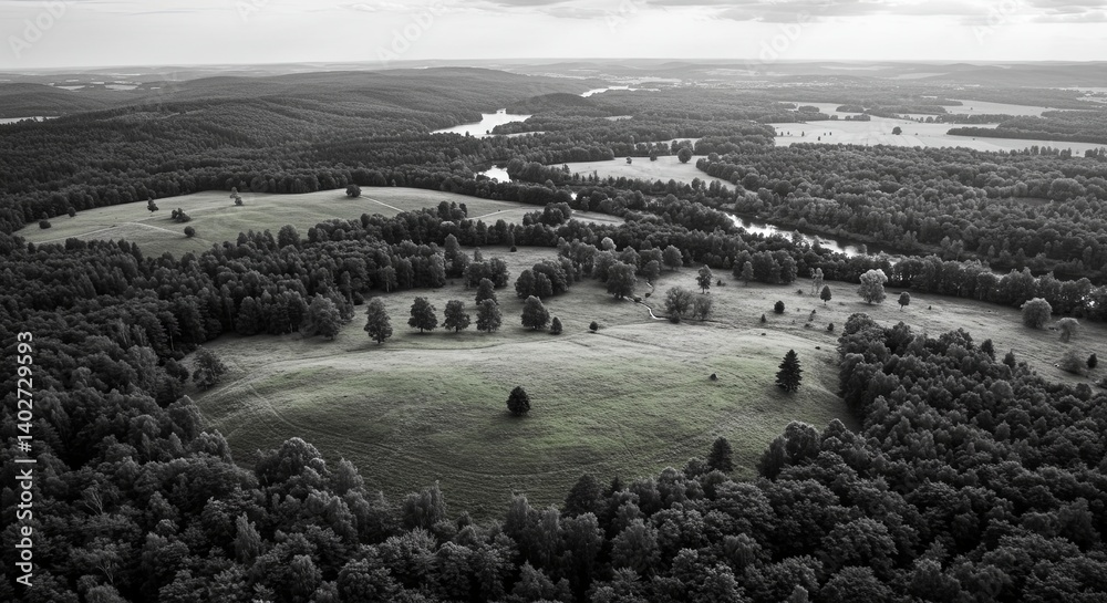 Poster a black and white photo of a forest with a river running through it
