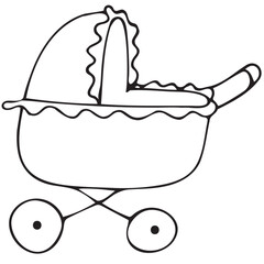 baby stroller for walks, cute things for a newborn baby, cute children s black and white vector coloring, line art, outline