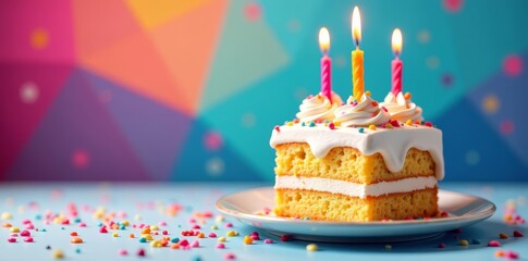 Vibrant and colorful birthday cake wallpaper with abstract geometric patterns, festive, celebration, cake