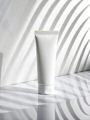 Natural Silhouette: White Cosmetic Tube with Leaf Shadows - Cosmetic Products Backgrounds and Mockups