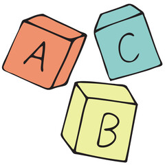 children s educational cubes for playing with the alphabet abc, vector cute colored children s element in doodle style with black outline, delicate colors