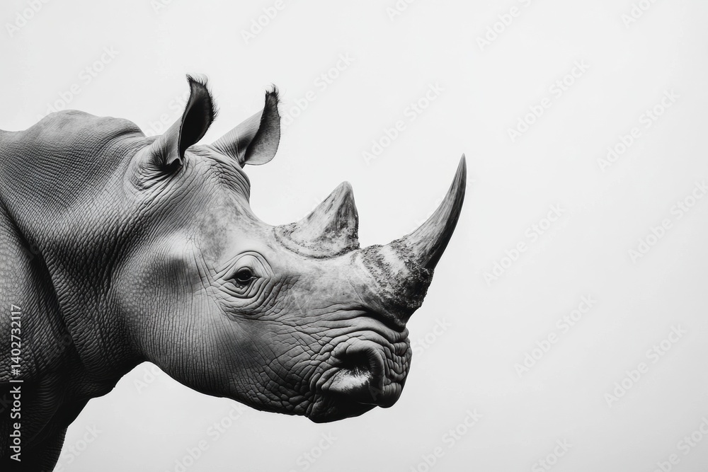 Poster rhinoceros standing against a minimal white background showcasing intricate gray skin texture and un