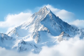 Obraz premium Majestic snow-capped mountain peaks rising above fluffy clouds on a clear day