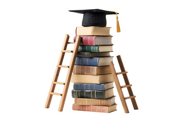 Stacked books a graduation cap and ladders isolated on transparent background
