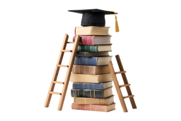 Stacked books a graduation cap and ladders isolated on transparent background
