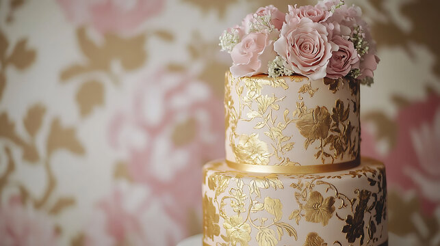 A vintage themed birthday cake with delicate gold leaf patterns