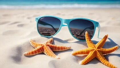Summer Sunglasses and Starfish on Sandy Beach