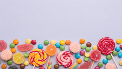 Fototapeta premium Colorful Lollipops and Candies on Purple Background Image