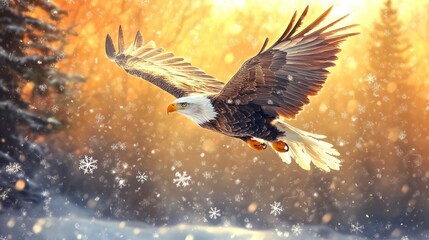 Fototapeta premium Majestic Bald Eagle in Flight, Illuminated by Golden Sunlight