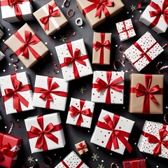 Obraz premium Festive Christmas Gift Boxes with Red Ribbons on Dark Background
