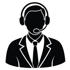 Customer Service Icon: Black and White Vector Illustration of Call Center Agent with Headset in Suit and Tie for Support Services