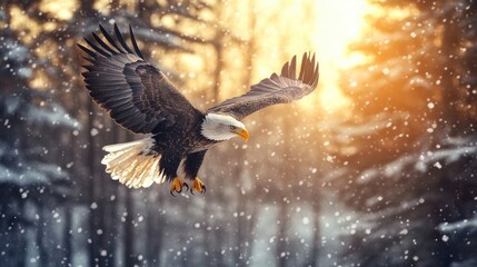 Fototapeta premium Majestic Bald Eagle in Flight, Illuminated by Golden Sunlight