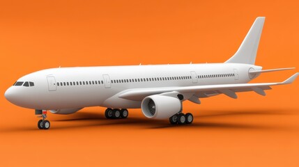 Obraz premium White Commercial Airplane Model on Bright Orange Background for Travel and Aviation Concepts