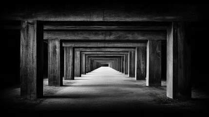 A long, narrow corridor with wooden pillars and a brick floor, leading to a bright light at the end.