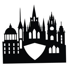 Naklejka premium Silhouette Skyline: Ornate Castle Towers, Dome, and Shield Vector Graphic for Architectural Design and Medieval Fantasy Themes