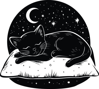 recommend clip art: Illustration of a Sleeping Cat with Stars, Moon, and Pillow in Black Style