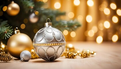 Elegant Silver and Gold Christmas Ornaments on Wooden Table