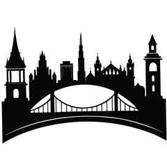 Obraz premium Black Silhouette Skyline of a City with Bridge, Vector Illustration, Urban Landscape, Cityscape Design, Architectural Outline