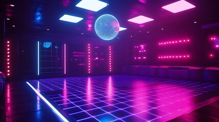 70s disco era concert stage with iconic shimmering disco ball and neon lights casting colorful glow over vibrant stage setting bringing back the nostalgia of dance and music culture