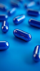 Close-up of Shiny Blue Capsules on Blue Background