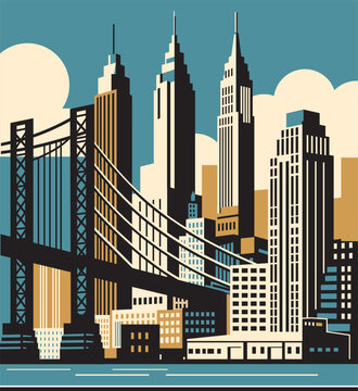 New York City skyline with bridge connecting skyscrapers in art deco style