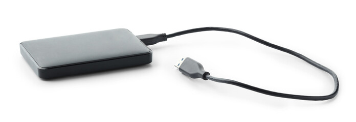 External hard drive with USB cable isolated on white