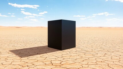 A black cube stands alone in a vast desert landscape.